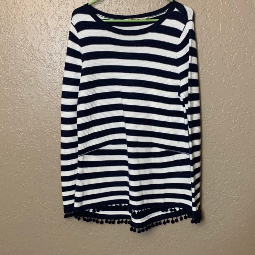Soft Surroundings medium pom pom striped sweater navy white